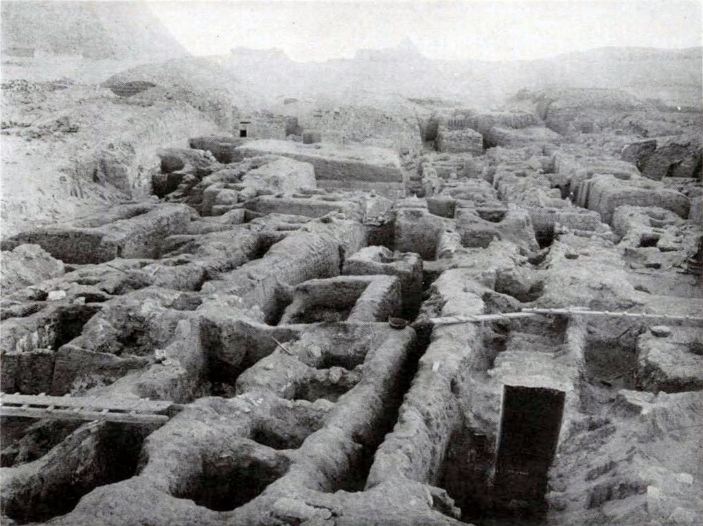 The cemetery at Giza in the midst of excavation showing the layout of a maze of buildings and rooms