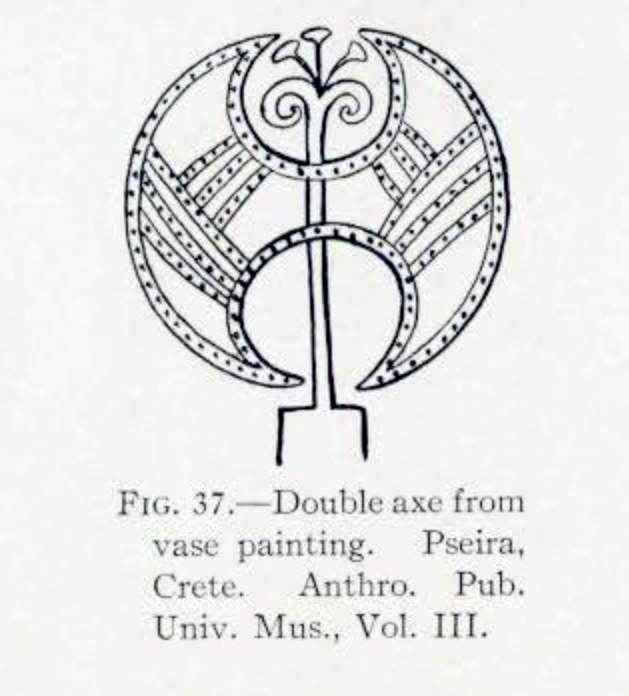 Drawing of a double bit axe from a painted vase with line and dot patterns on the head and a flower shape on the handle