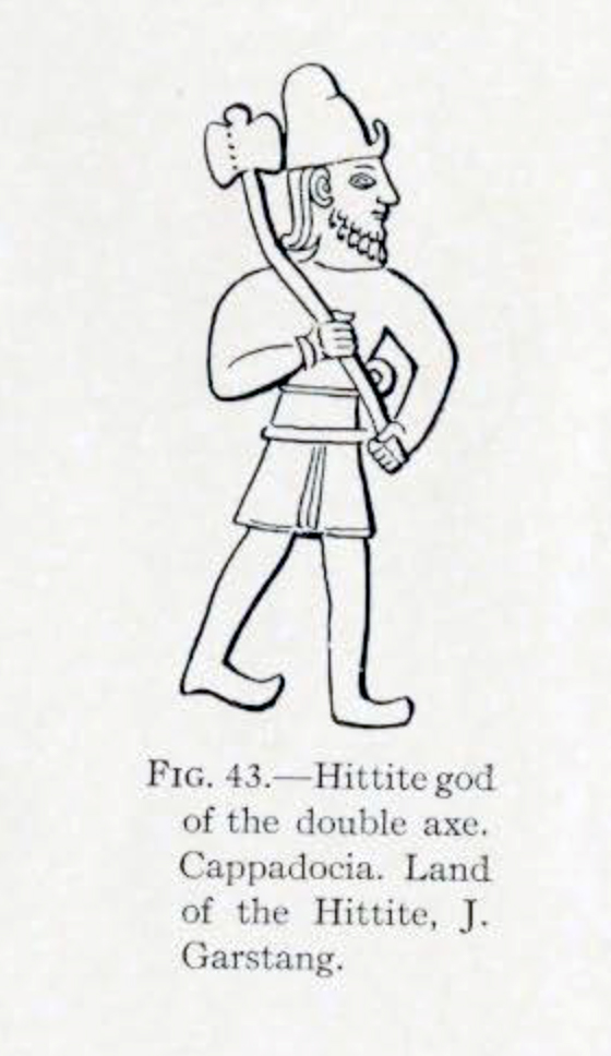 Drawing of a Hittite god caring a double bit axe over his shoulder