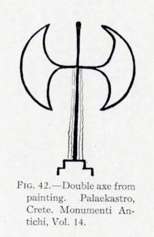 Drawing of a double bit axe with curved blade and tassels on the handle