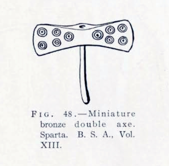 Drawing of a double bit axe with swirls on the blade