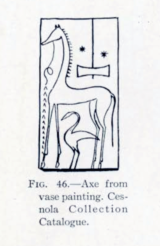 Drawing of a painting on a vase that features a bird, a giraffe like creature, and a double bit axe