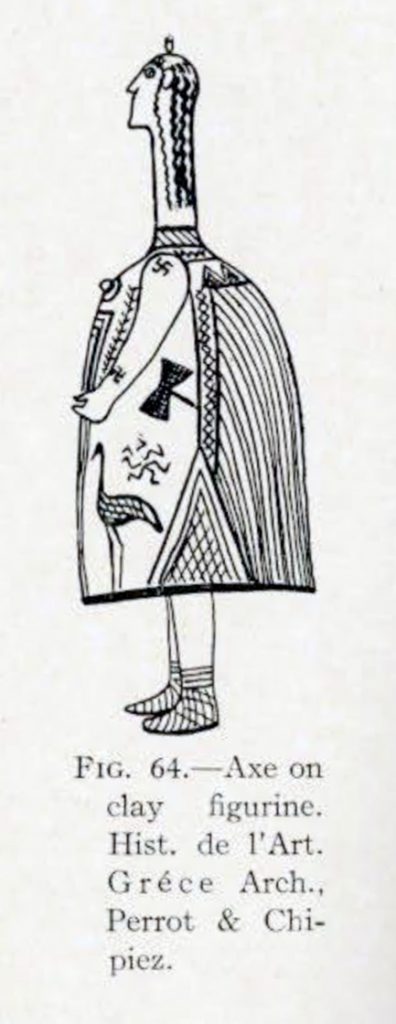Drawing of a clay figure of a person with a small double bit axe on their clothes