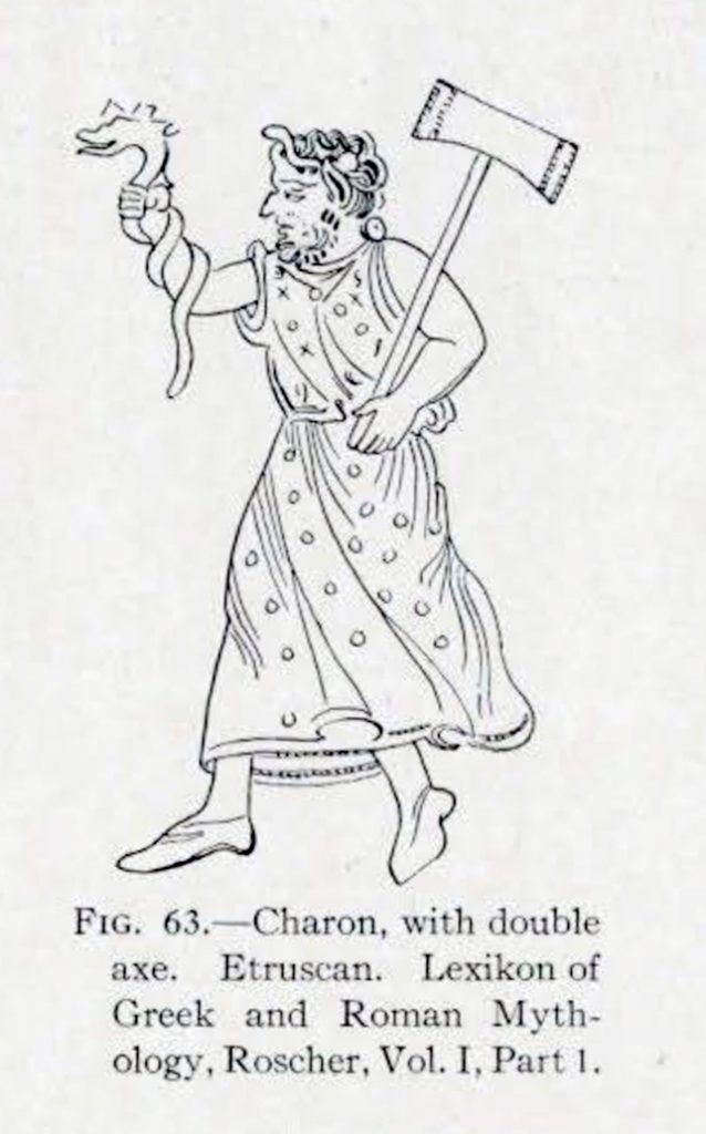 Drawing of Charon with a double bit axe over one shoulder and holding a snake aloft