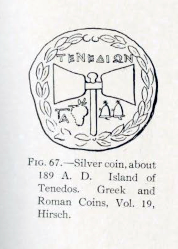 Drawing of a coin with a double bit axe and laurel wreath border on it