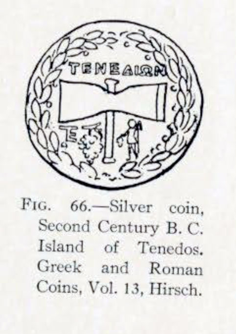 Drawing of a coin with a double bit axe on in t and a laurel wreath border