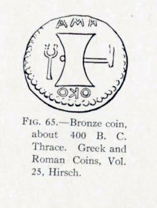 Drawing of a coin with an double bit axe on it