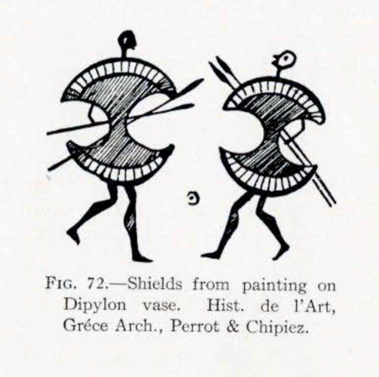 Drawing of two people fighting and using shields in the shape of double bit axe heads
