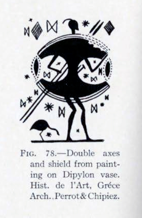 Drawing of a soldier holding two spears and a shield in the shape of a double bit axe head