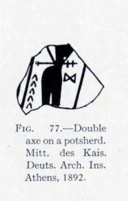 Drawing of a pot sherd with a tiny double bit axe head on it