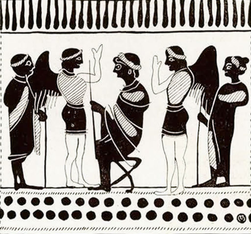 Drawing of a portion of an amphora showing a pair of draped figures and winged figures on either side of a figure seated on a chair