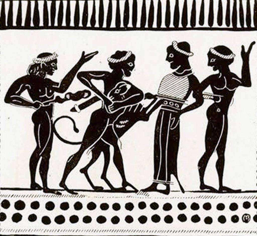 Drawing of a portion of an amphora showing Herakles grappling with the lion and three other figures, two of which are nude