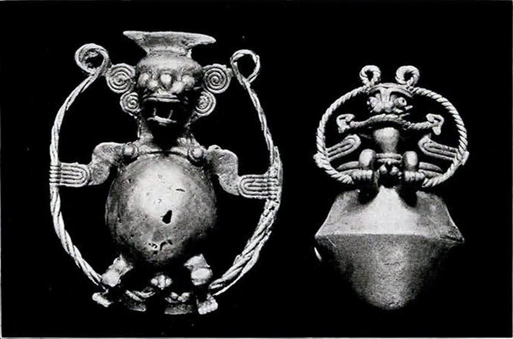 Two gold bells with figures inside of and grasping the edges of a a circle