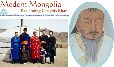 Left: Photo of Mongolian family in front of their hut. Right: Illustration of Genghis Khan.