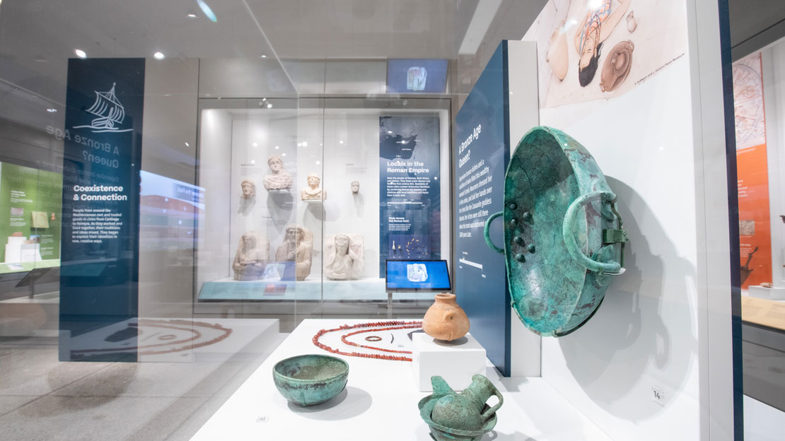 A display of metal and clay dishware in the new Eastern Mediterranean Gallery.