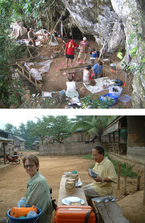 Top: The test excavation at Phou Phaa Khao rockshelter near Luang Prabang, Laos.  Bottom:Co-directors of the Middle Mekong Archaeological Project, Dr. Joyce White and Bounheuang Bouasisengpaseuth.