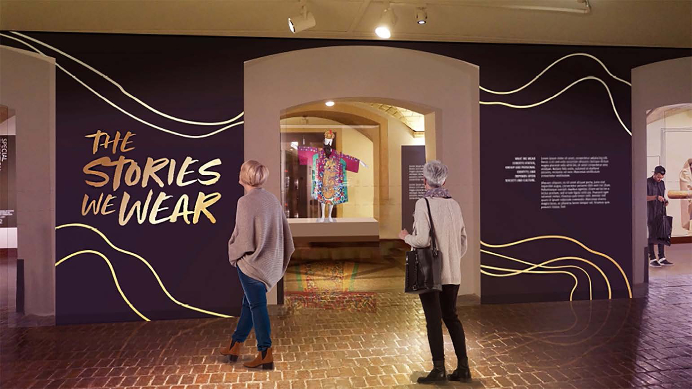 Rendered image of people standing near entrance for The Stories We Wear exhibit