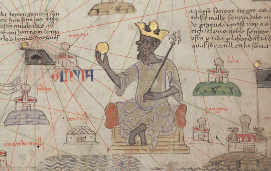 A portion of the Catalan Atlas depicting a king on a throne.
