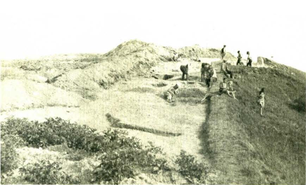 People excavating a grassy mound