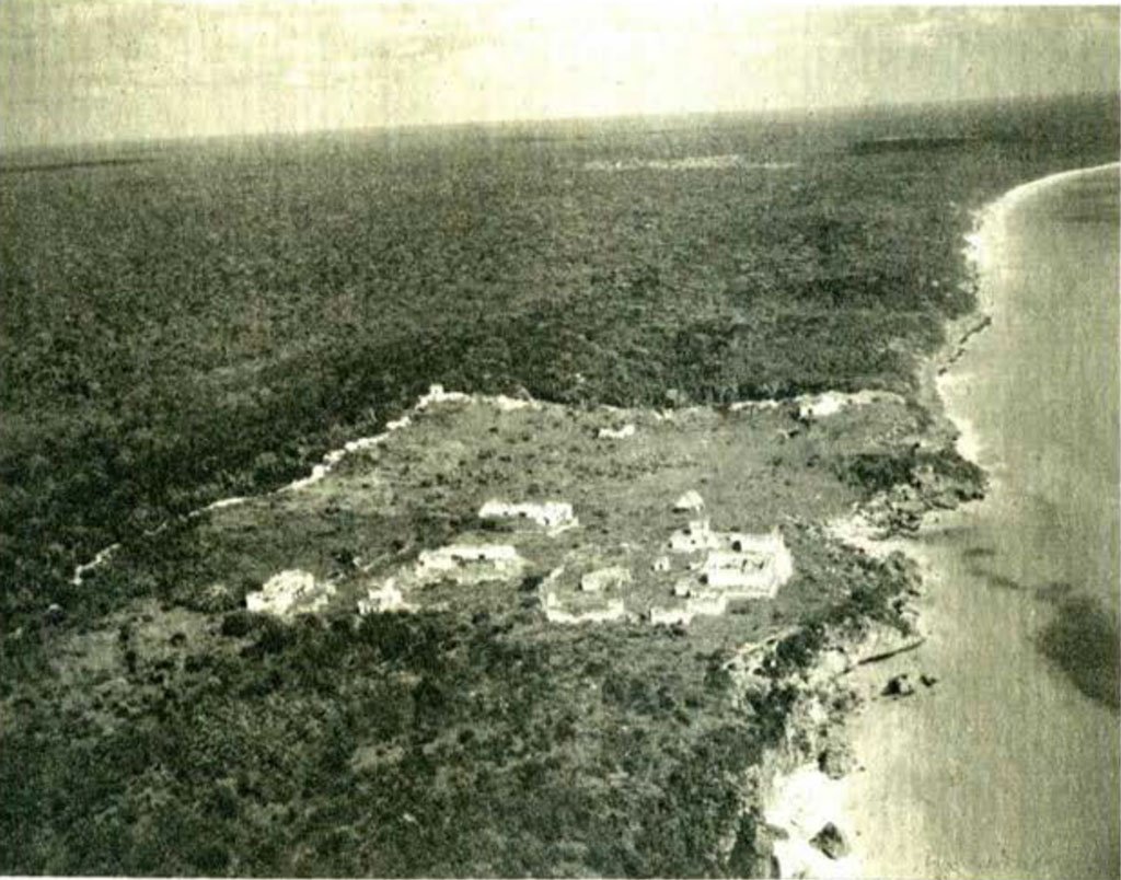 Ruins in a forest and along a coastline as seen from the air