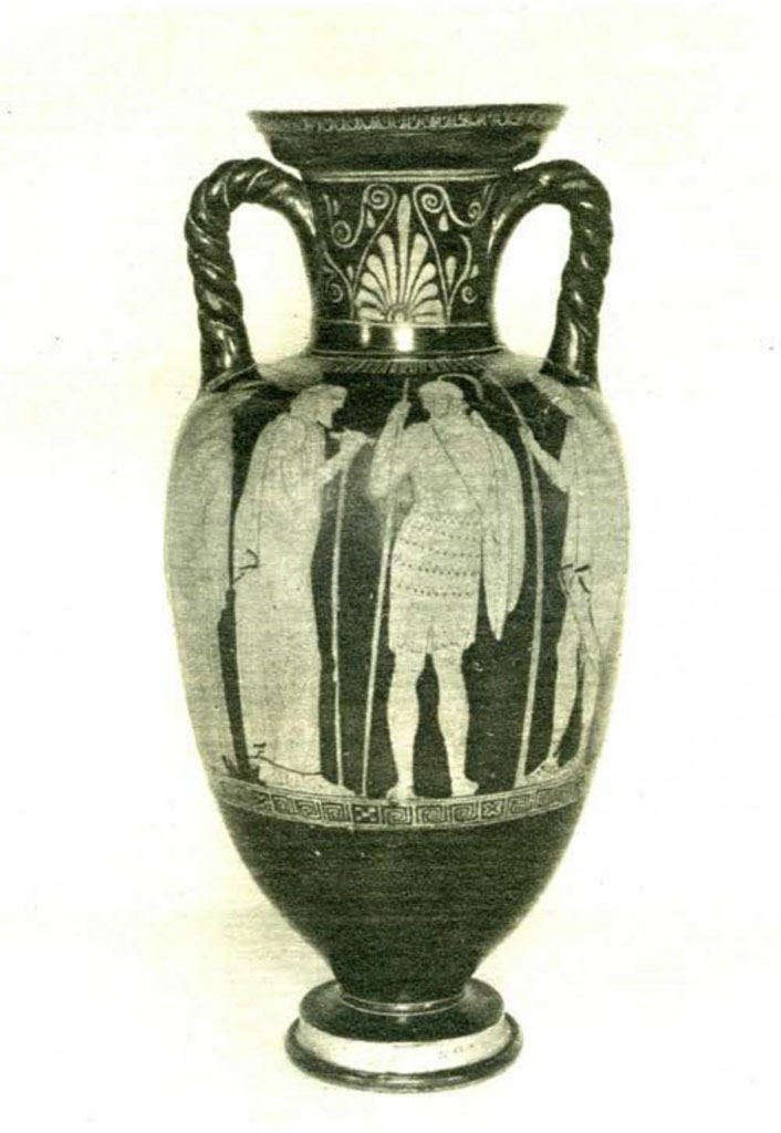 Amphora with two handles, showing a warrior leaving home on the body