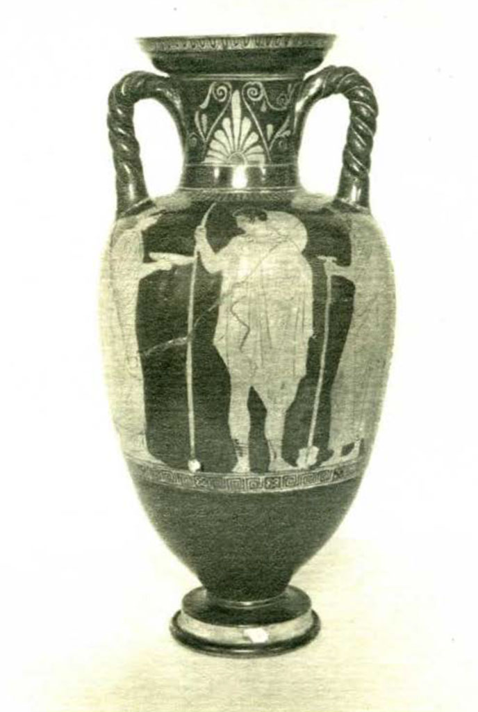 Amphora with two handles, showing a warrior being offered objects before leaving home on the body