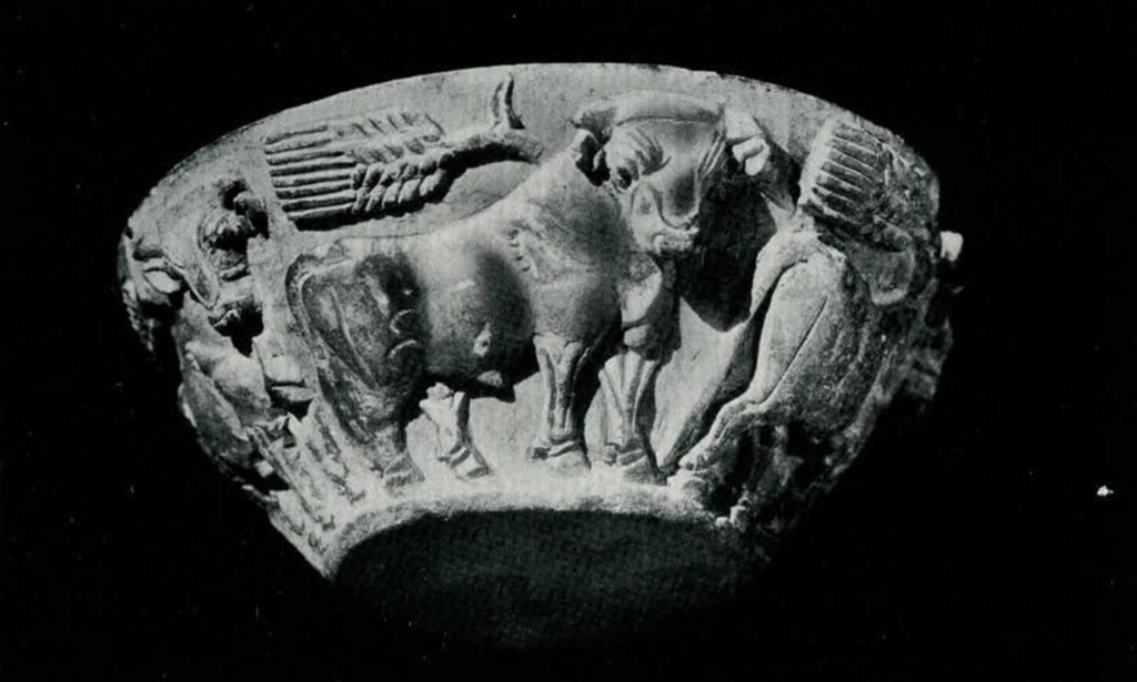 Bowl showing standing bulls and wheat