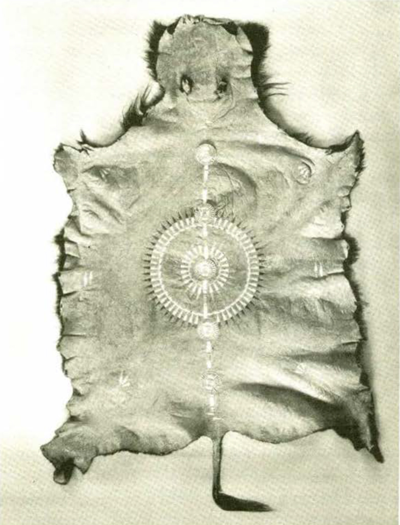 A buffalo robe laid out decorated with porcupine quills in a sun pattern