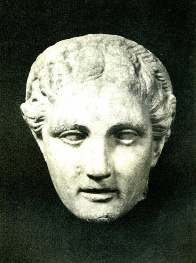 Head of a greek goddess from a statue, the hair in braids, front view