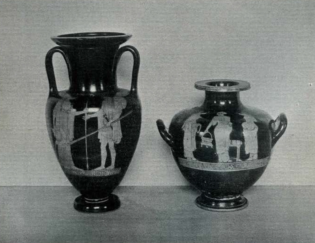 An amphora depicting Theseus and Athena, and a hydria depicting three women