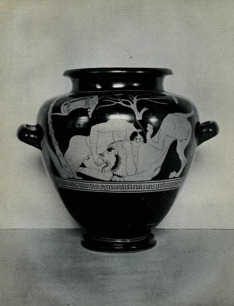 A stamnos depicting Herakles wrestling the Nemean lion