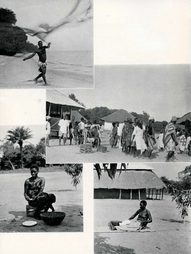 A collage of images showing scenes of daily life, including making fabric and fishing