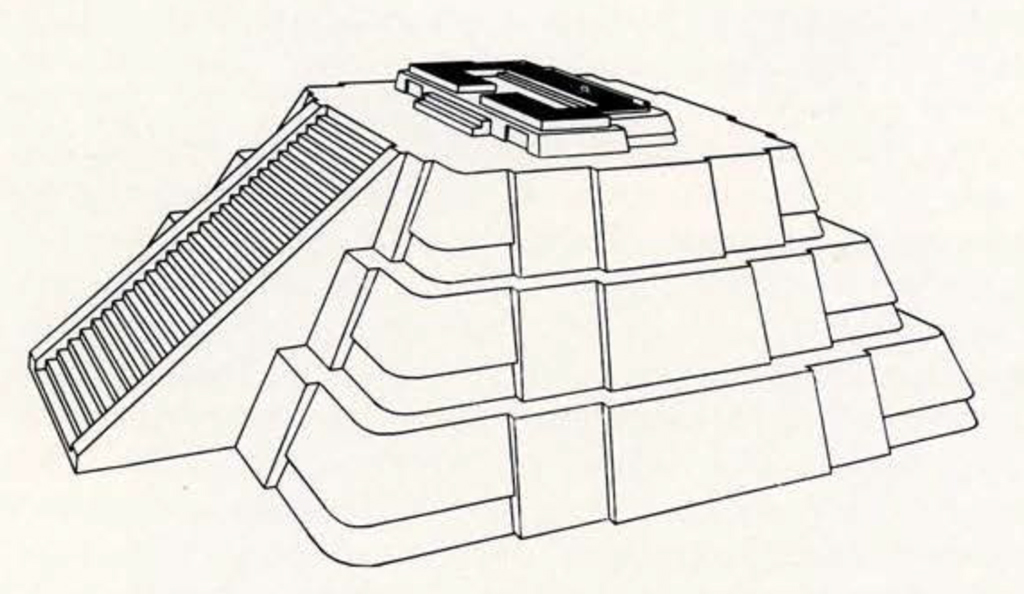 Drawn of Structure R-3 restored, showing a stepped pyramid with stairs leading to the top