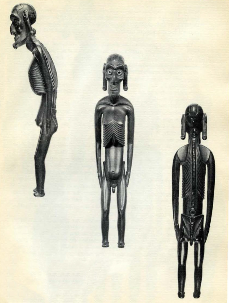 Front, back, and side of a wooden figure of a very emaciated man with protruding ribs and hips and elongated earlobes