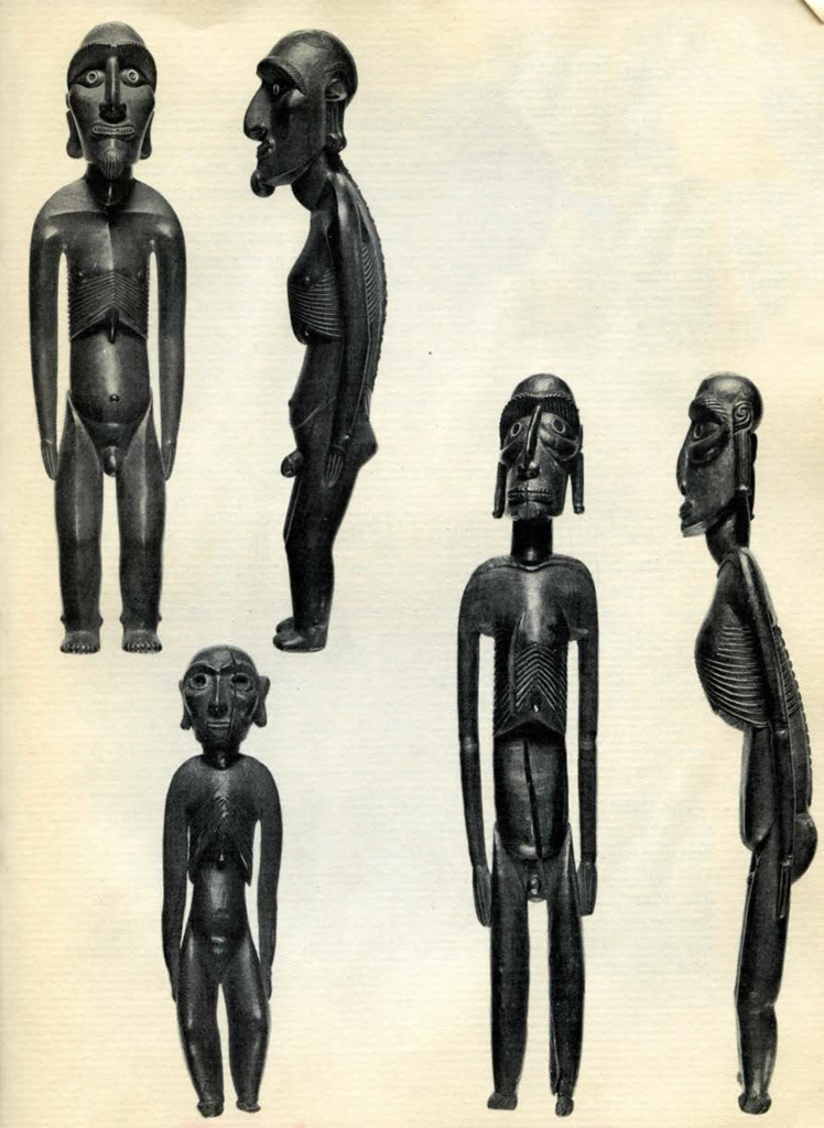 Front and sides of three carved wooden figures of emaciated men with protruding ribs and hips and elongated earlobes