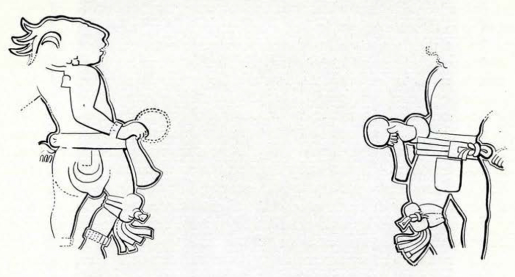 Outline drawings of two figures wearing kneepads