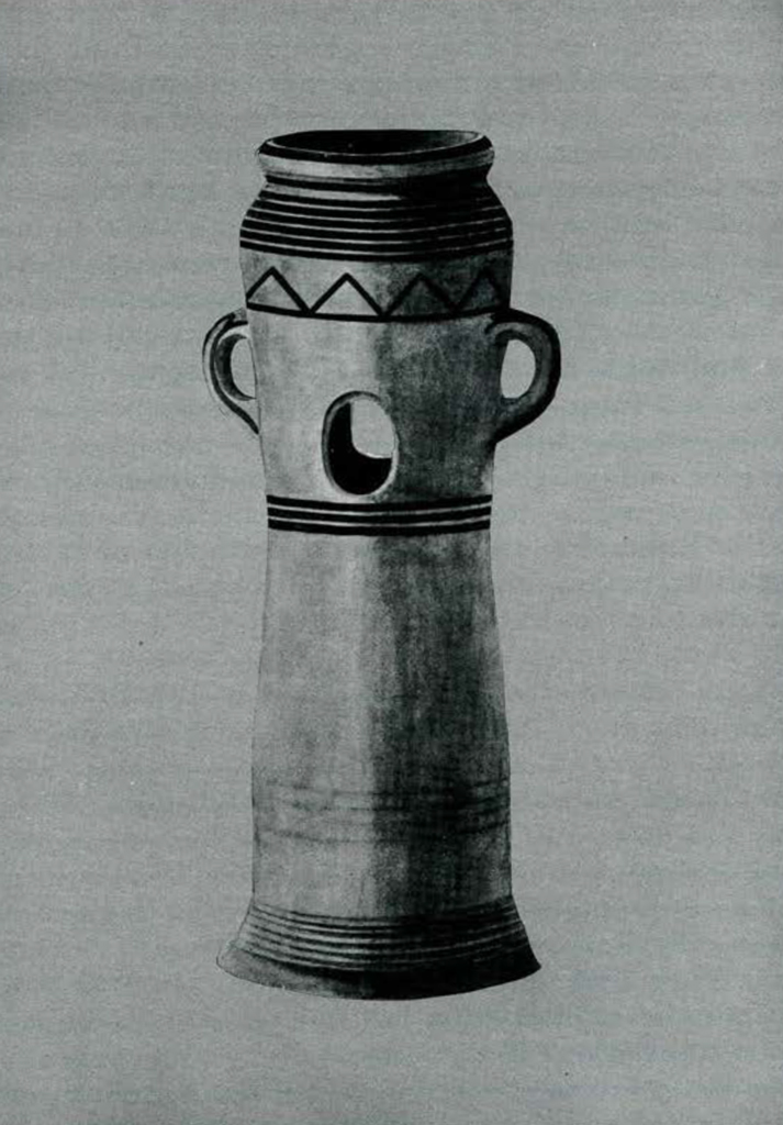 Incense burner with bands around the top and bottom and a zig zag near the top, two handles and an ovular opening