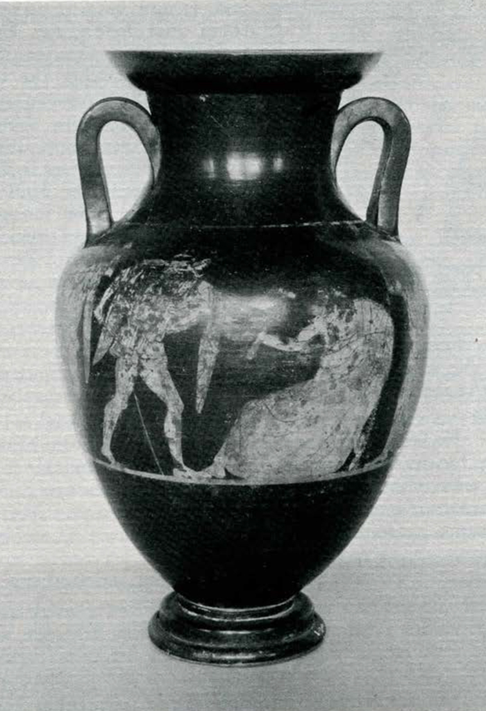 Vase with two handles depicting a battle between a figure with a knife drawn attacking a person falling to the floor