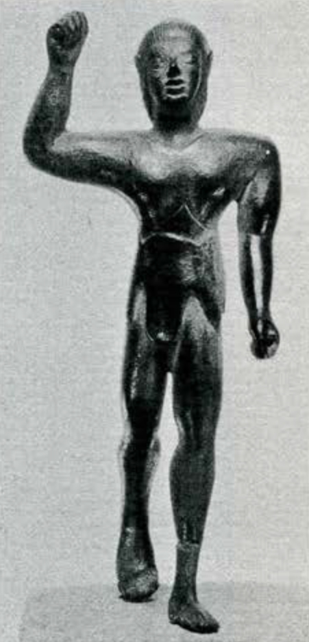 Bronze figure of a striding youth with one arm raised