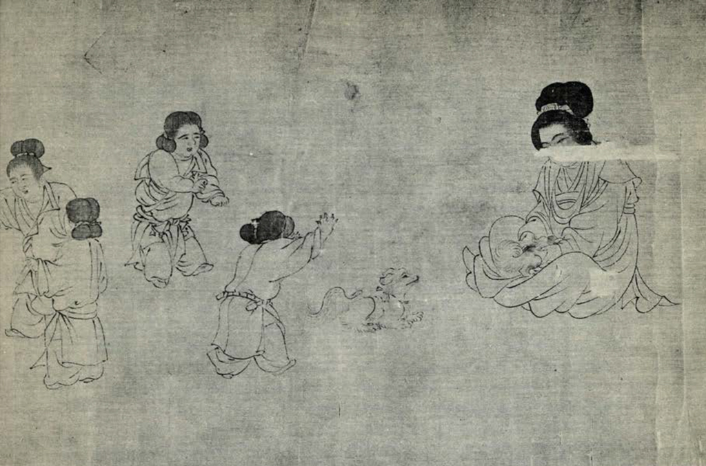 Portion of a scroll painting depicting a woman seated cross legged on the ground, playing with four children and two puppies