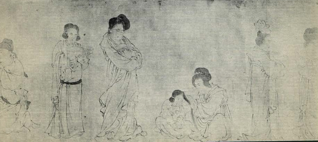 Portion of a scroll painting depicting several seated and standing women