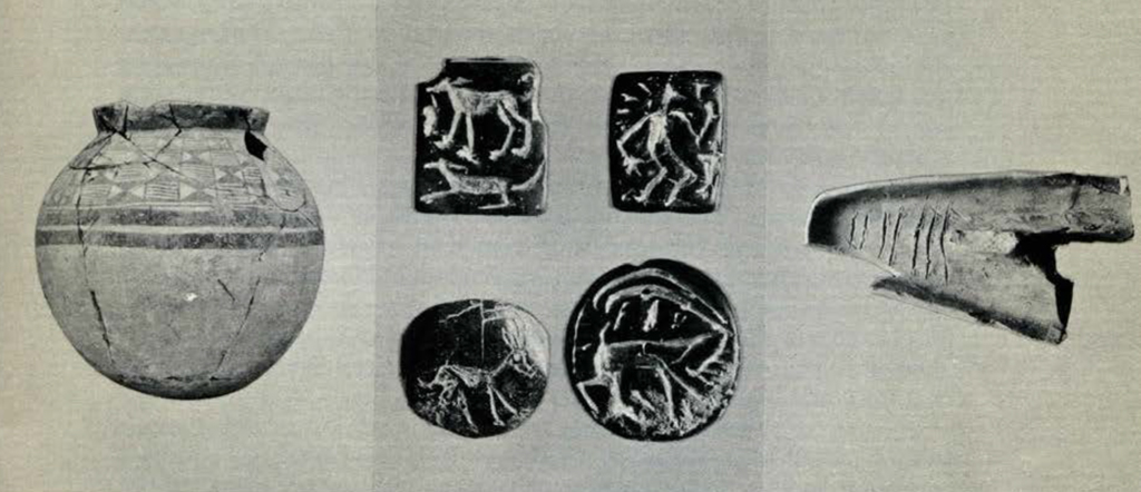 A fragmented and painted jar, four stamp seals with animal and human figures, and a pieces of a boat model