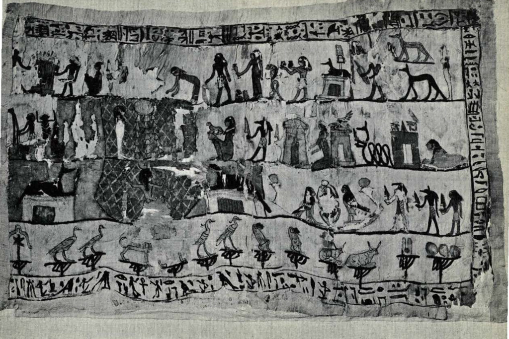 Piece of cloth with four rows of scenes and hieroglyphics bordering the scenes