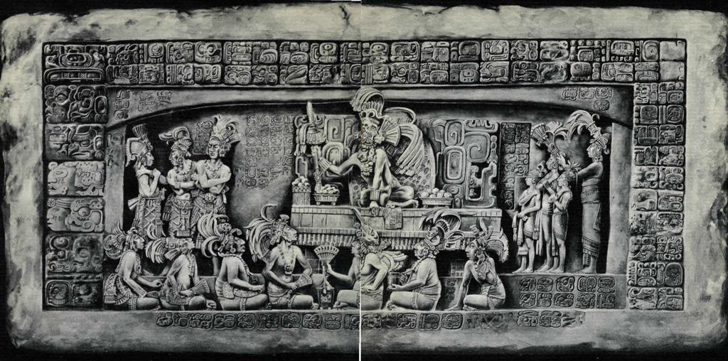 Drawing of a restoration of a lintel showing many figures and bordered by hieroglyphs