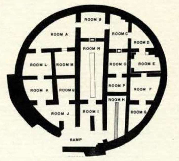 A drawn layout of the Round House with rooms labelled with letters