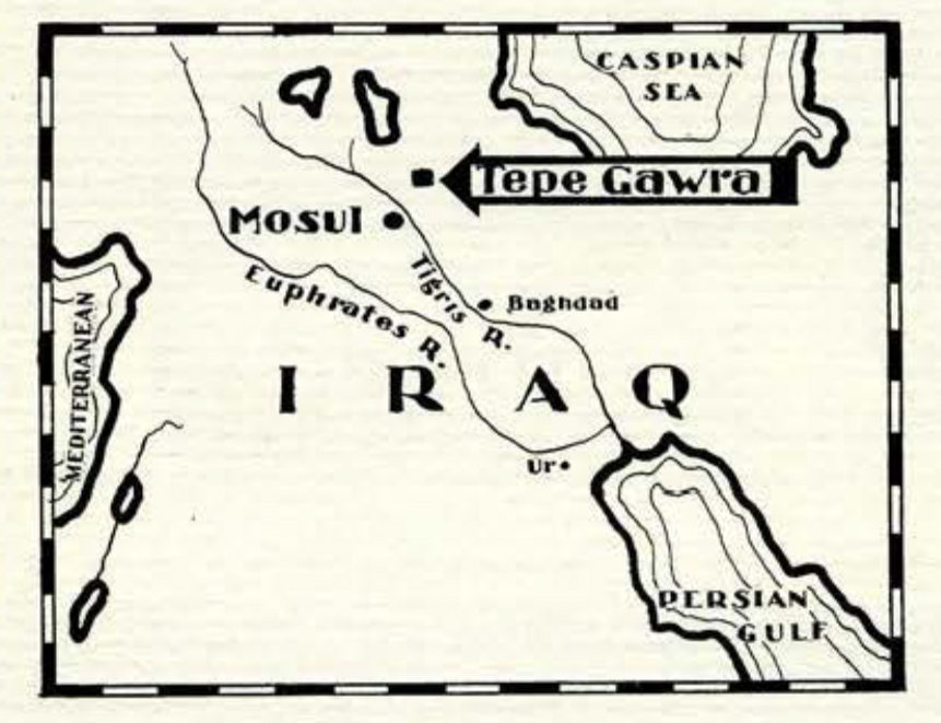 Simple drawn map of Iraq showing the location of Tepe Gawra in relation to rivers and Mosul