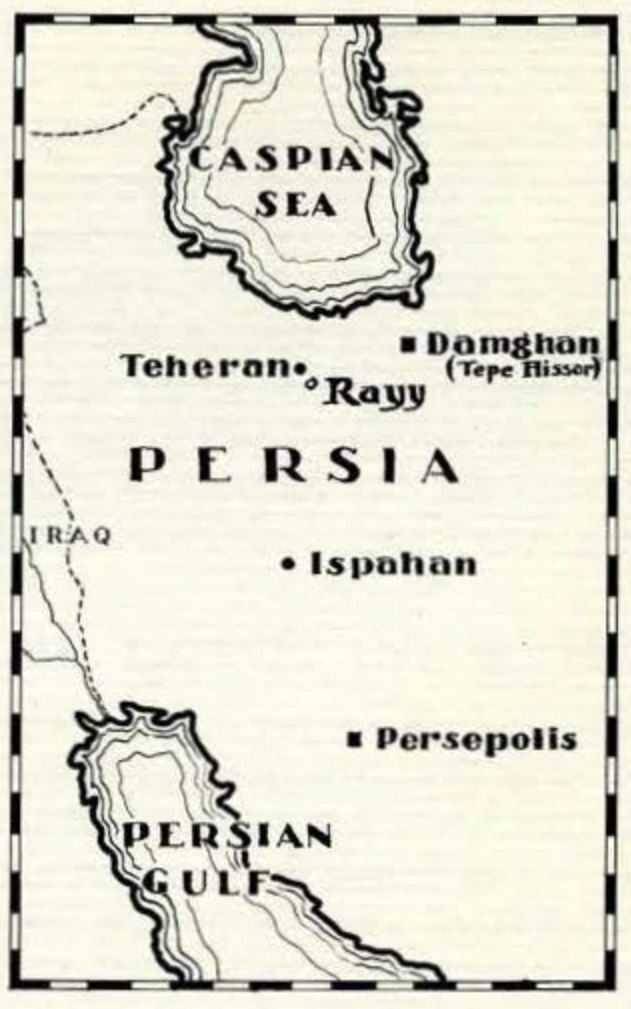 Drawn map of Persia showing where Rayy is in relation to other cities and bodies of water