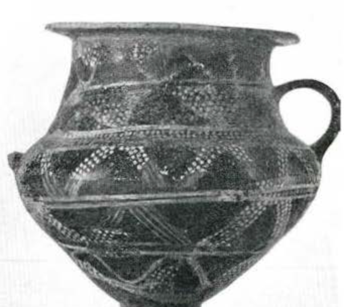 A krater decorated with horizontal stripes and dotted lines