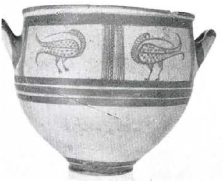 A krater with two birds painted on it