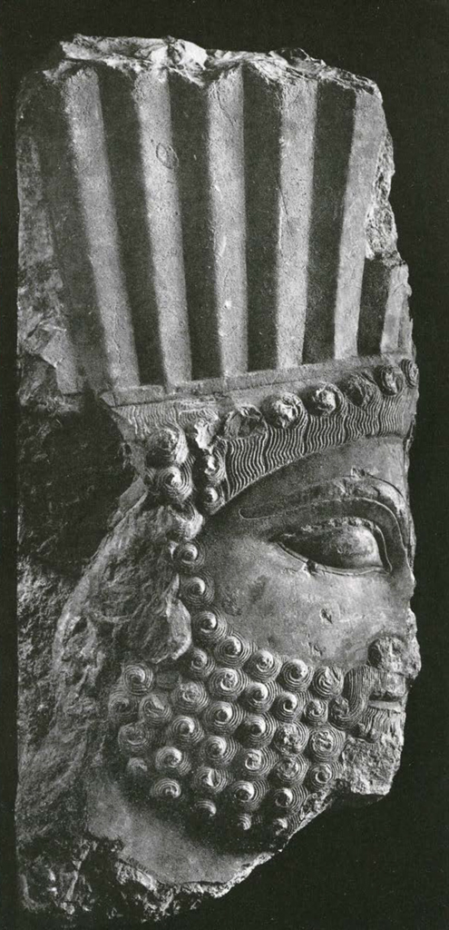 Fragment of a relief showing a head in profile, with curly hair and beard, wearing a headdress